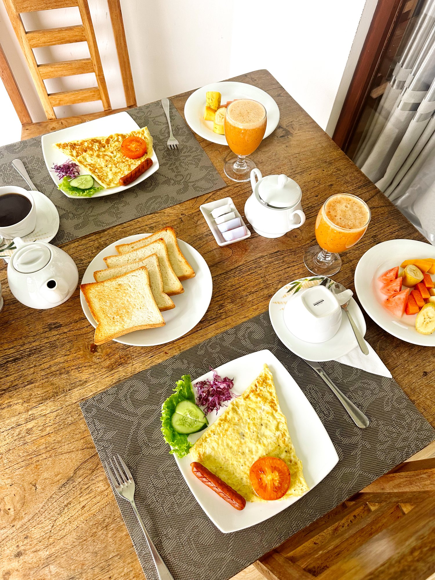 Boutique hotel breakfast table, shot from above